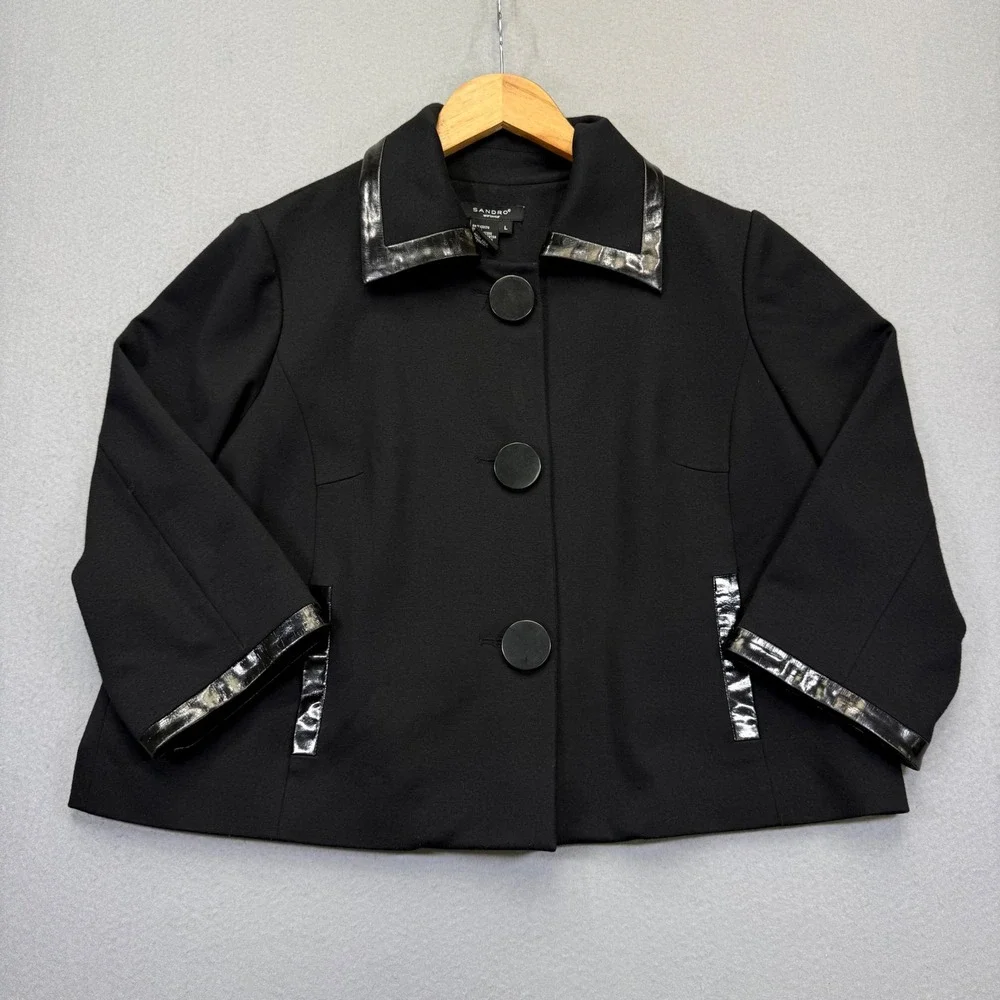 Sandro Sportswear‎ Womens Black Cropped Jacket Faux Leather Trim Size L Collared